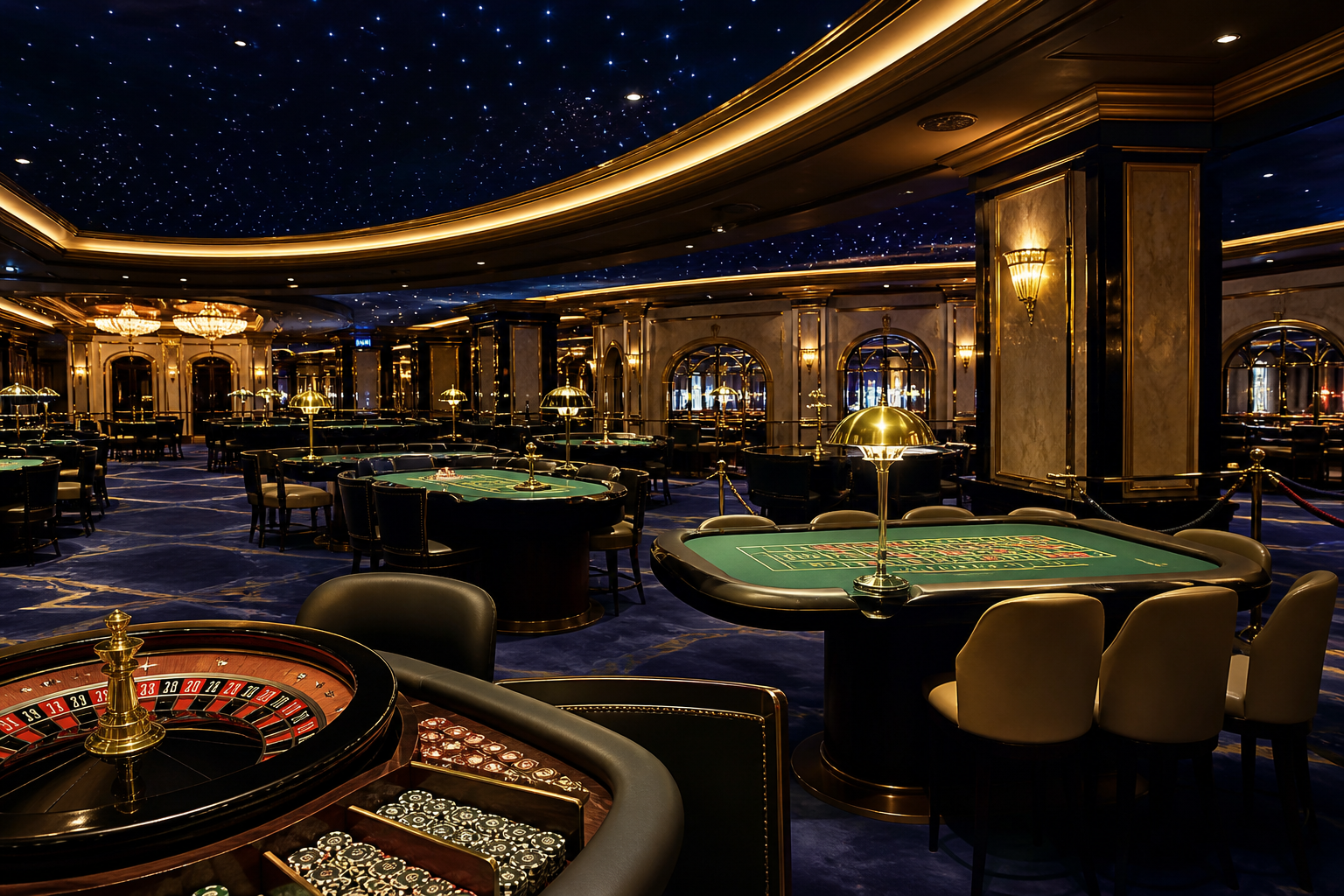 Elegant casino floor with roulette and blackjack tables