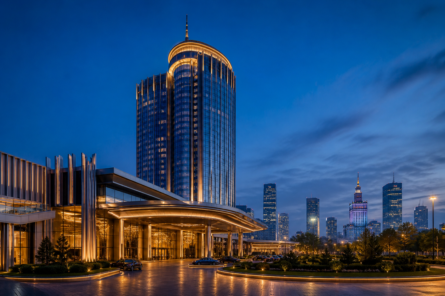 SecretMoonPL Warsaw casino hotel tower at blue hour
