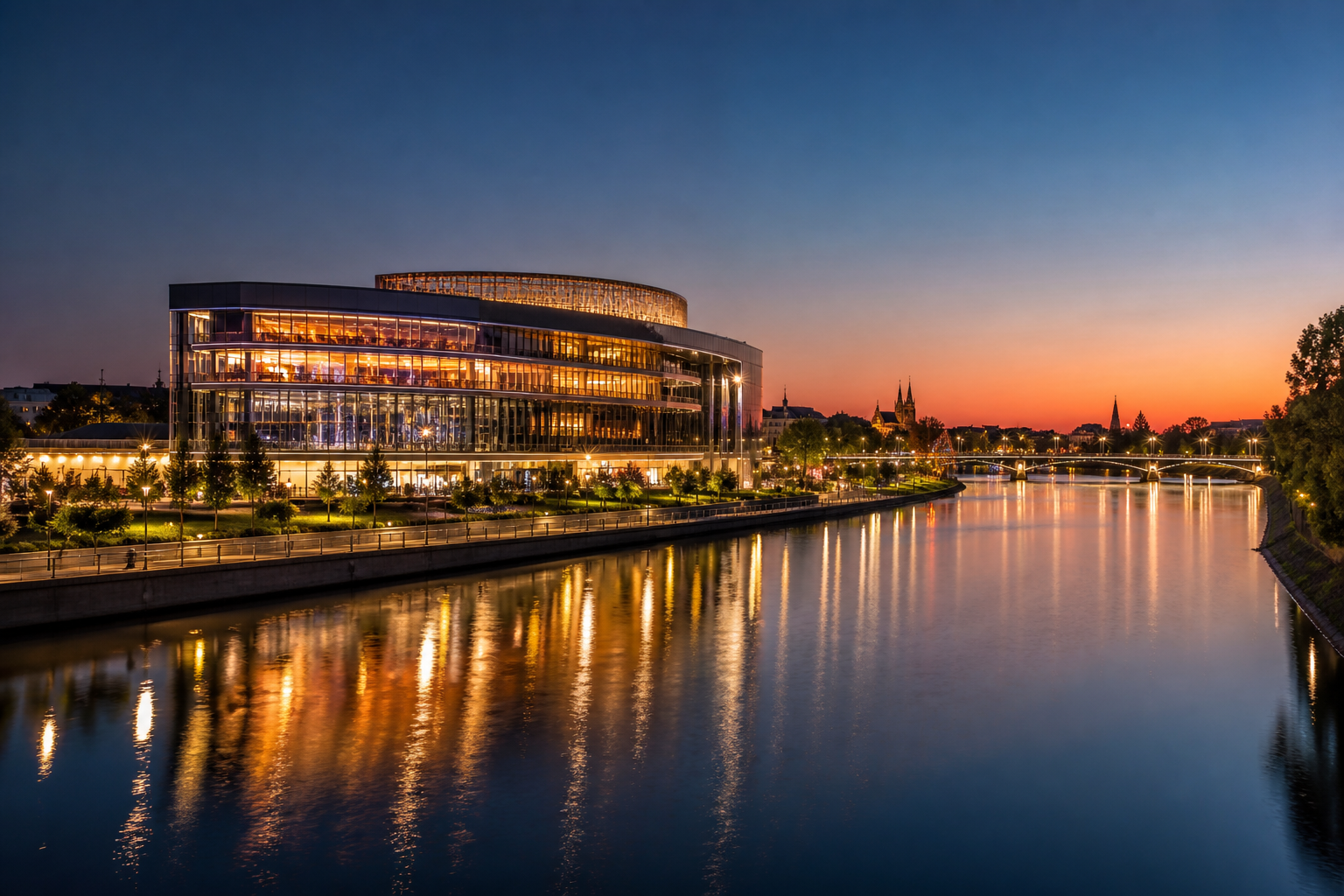 SecretMoonPL Wroclaw riverside casino hotel at dusk
